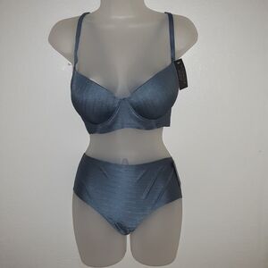 Youmita 36C China Blue Jacquard Stripe Push Up Bra and Large Seamless Panty NWT